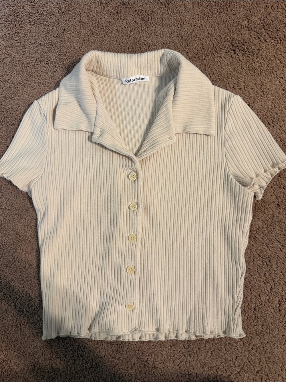 Reformation crop Cream Ribbed Button-Front Polo Top
